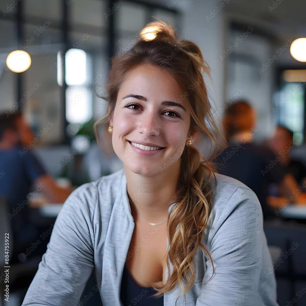 Portrait of a happy businesswoman in a modern office, surrounded by colleagues, capturing the essence of teamwork and collaboration. Portrait of a happy businesswoman in a modern office, surrounded by colleagues, capturing the essence of teamwork and collaboration.