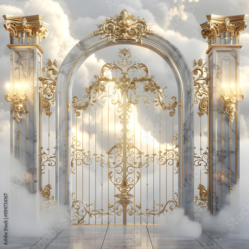 An isolated view of the Pearly Gates, symbolizing entrance to heaven, with intricate golden details and pearly accents, surrounded by a soft glow