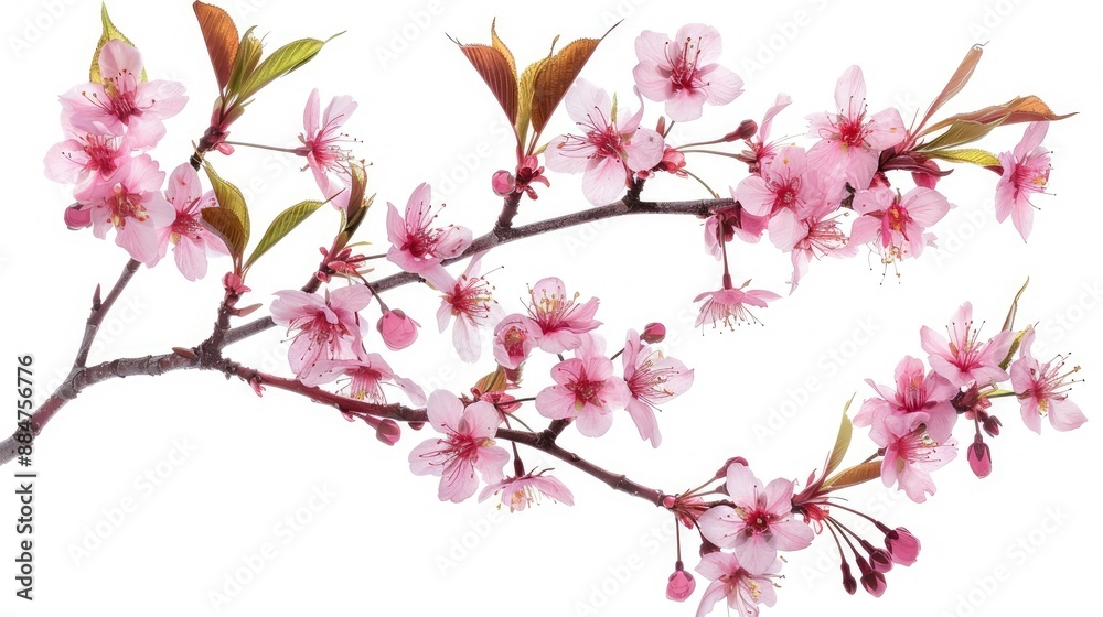 Stunning pink cherry blossoms on an isolated Sakura tree branch, set against a pure white background. Stunning pink cherry blossoms on an isolated Sakura tree branch, set against a pure white background.