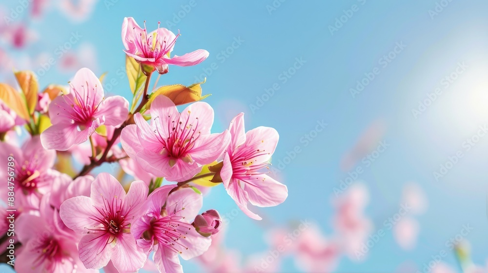 Stunning pink sakura flowers on a branch with a clear blue sky, perfect for a spring-themed horizontal banner. Stunning pink sakura flowers on a branch with a clear blue sky, perfect for a spring-themed horizontal banner.