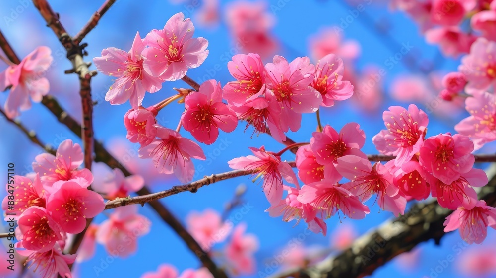Vibrant pink sakura blossoms on a branch against a bright blue sky, capturing the spirit of Japanese spring. Vibrant pink sakura blossoms on a branch against a bright blue sky, capturing the spirit of Japanese spring.