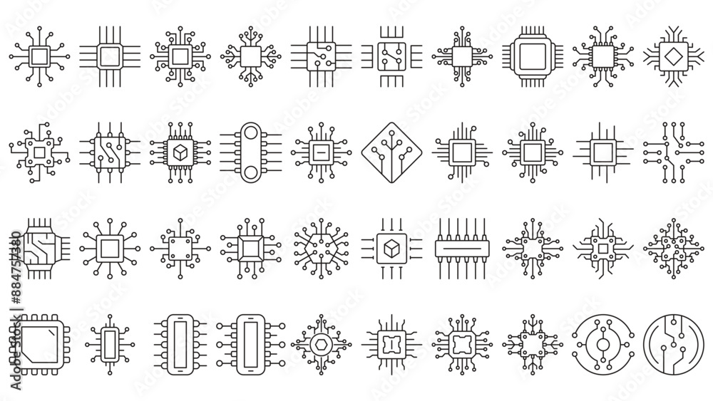 Fototapeta premium set of AI chip components line icons with editable stroke in trendy style