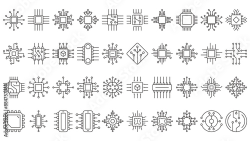set of AI chip components line icons with editable stroke in trendy style