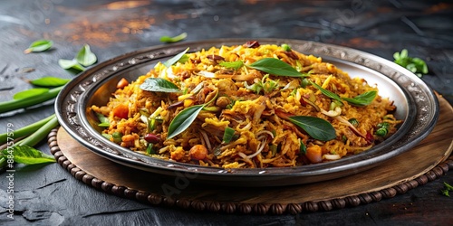 Sri Lankan kottu dish on a metal plate , Sri Lankan, kottu, roti, vegetables, chicken, stir-fried, traditional, flavorful photo