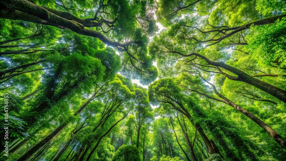 Lush green tree canopies in a dense forest, nature, environment, trees, foliage, canopy, green, lush, forest, branches Lush green tree canopies in a dense forest, nature, environment, trees, foliage, canopy, green, lush, forest, branches