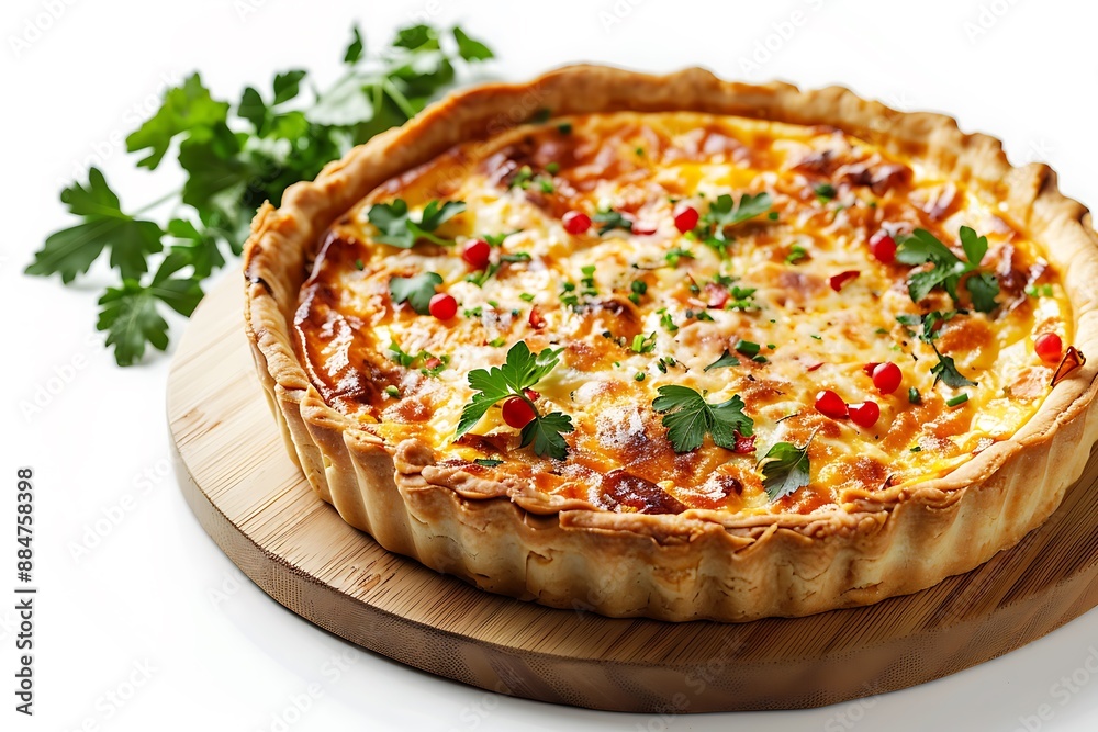 Board and plate of tasty Quiche with on white background. Board and plate of tasty Quiche with on white background.