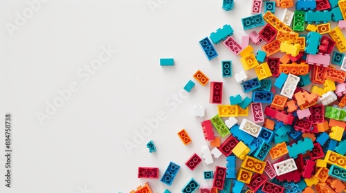 White background with white space in the center of the picture. A bunch of colorful Lego bricks are scattered around. The colorful world of Lego bricks: Diversity and unique charm
