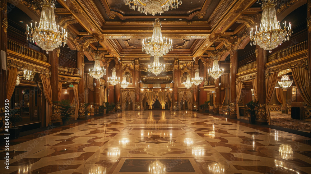 Obraz premium A grand, opulent ballroom with chandeliers, polished floors, and ornate decorations. Include elements like draped curtains, large mirrors, and a grand staircase to enhance the luxurious ambiance. 