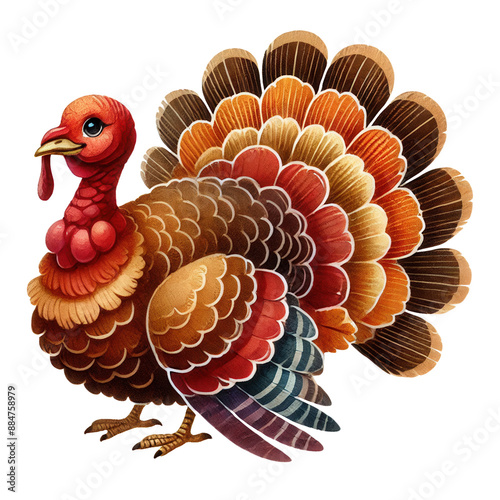 Vibrant illustration of a cartoon turkey with colorful feathers, ideal for Thanksgiving themes isolated transparent background, PNG