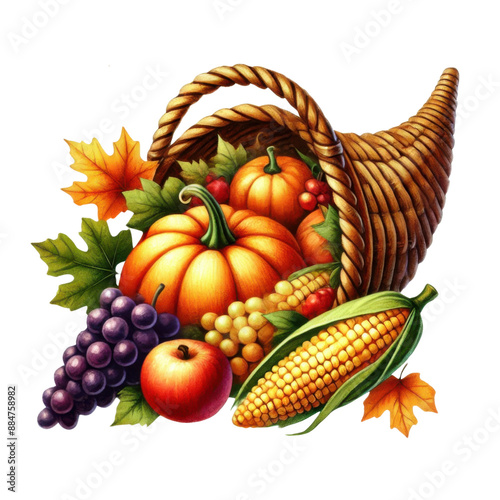 Illustration of a cornucopia overflowing with pumpkins, grapes, corn, and other harvest fruits and vegetables isolated transparent background, PNG photo