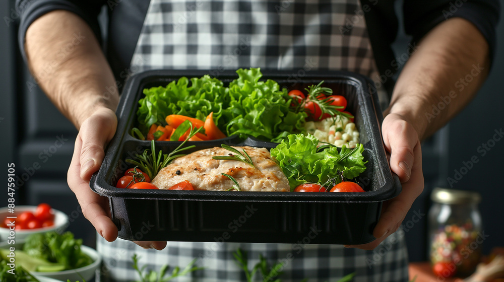 Man holding a meal prep container with chicken and fresh vegetables. Man holding a meal prep container with chicken and fresh vegetables.