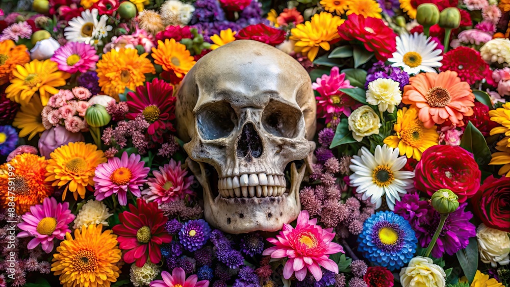 Human skull surrounded by colorful flowers, skull, human, flowers, nature, colorful, bone, anatomy, decoration, macabre Human skull surrounded by colorful flowers, skull, human, flowers, nature, colorful, bone, anatomy, decoration, macabre