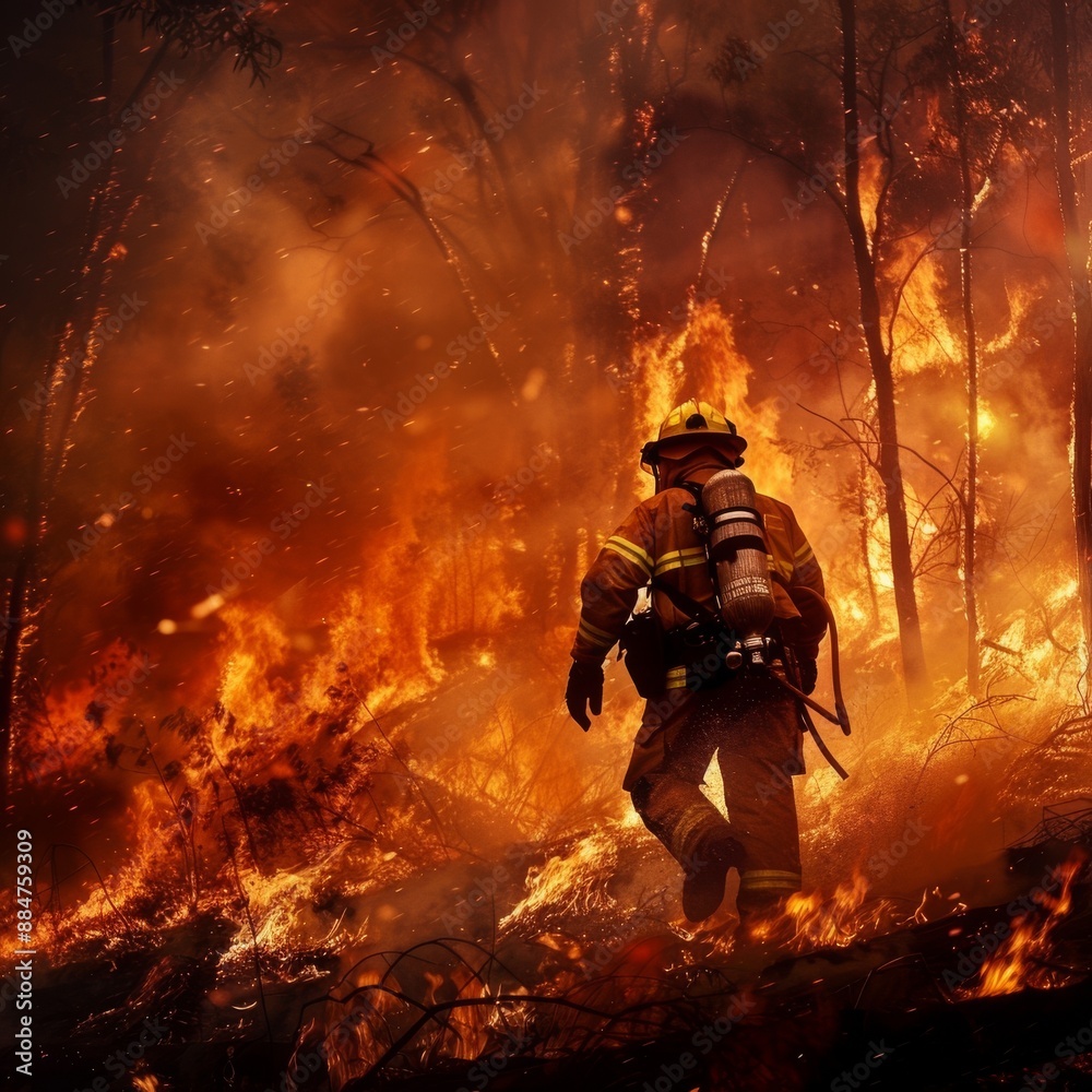 Firefighter Saving the Forest: A dynamic image of a firefighter actively combating a forest fire. Firefighter Saving the Forest: A dynamic image of a firefighter actively combating a forest fire.
