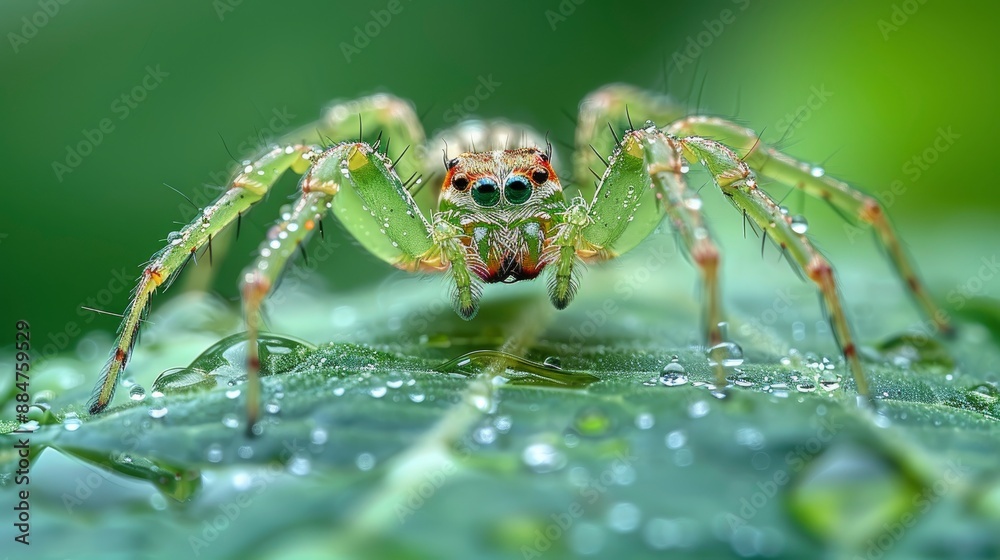 Selective focus of a lynx spider on a vibrant green leaf in the garden, showcasing its delicate and intricate beauty Selective focus of a lynx spider on a vibrant green leaf in the garden, showcasing its delicate and intricate beauty