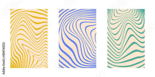 Background set Groovy hippie 70s. Line, twirl pattern. Twisted and distorted vector background texture, trendy retro psychedelic style. Y2k aesthetic background.