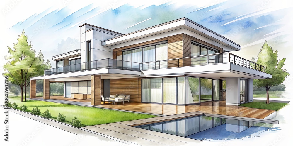 Modern architect-designed villa in sketch style , modern, architect, villa, sketch,generative, contemporary, luxury