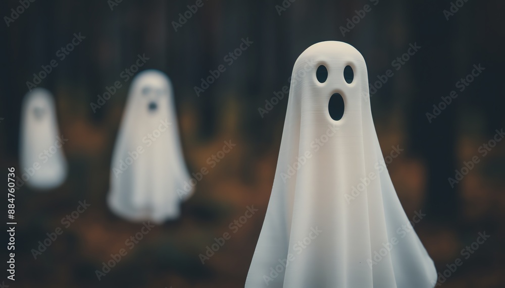 Three spooky ghosts in a forest, perfect for Halloween decorations. Three spooky ghosts in a forest, perfect for Halloween decorations.