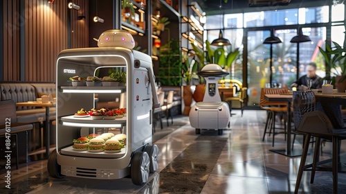 An autonomous robot in the restaurant delivers food to the tables of visitors.