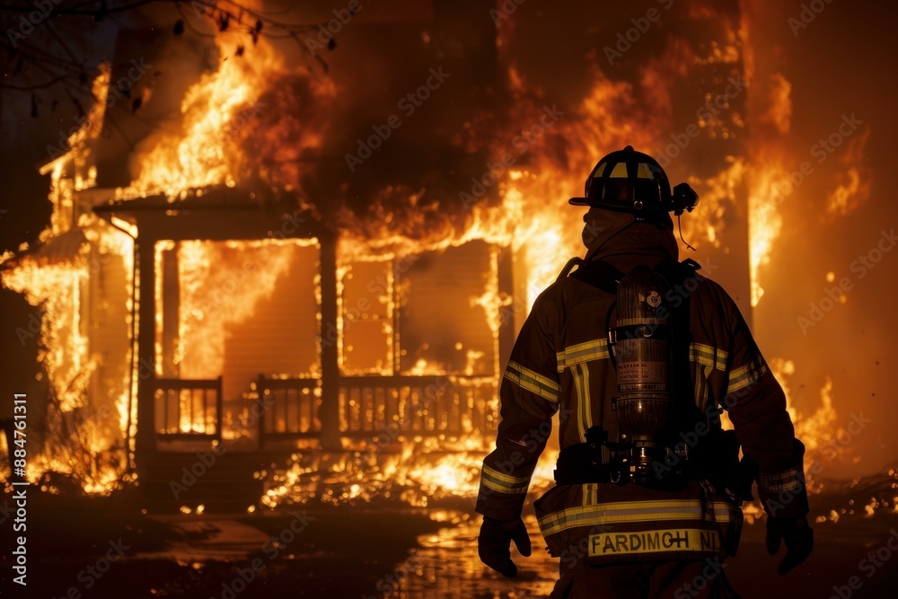 Firefighter in full gear confronts a fierce house fire at night, showcasing bravery and emergency response Firefighter in full gear confronts a fierce house fire at night, showcasing bravery and emergency response