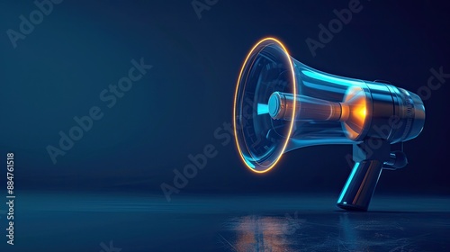 Hologram of a megaphone on the dark blue background.