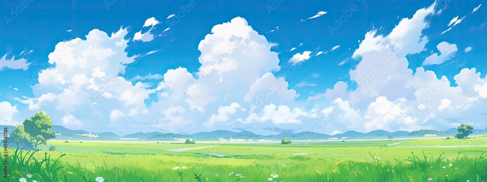 Landscape of blue sky with white clouds on a summer day. Green meadows. Landscape of blue sky with white clouds on a summer day. Green meadows.