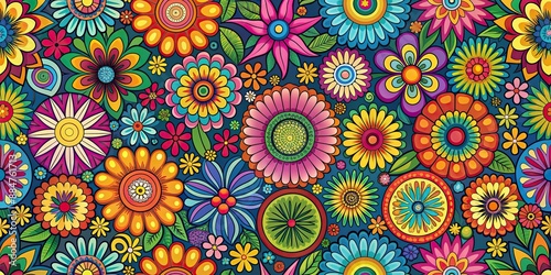 Fototapeta Naklejka Na Ścianę i Meble -  Colorful retro hippie pattern featuring vibrant flowers and geometric shapes, retro, hippie, pattern, flowers, shapes, colorful