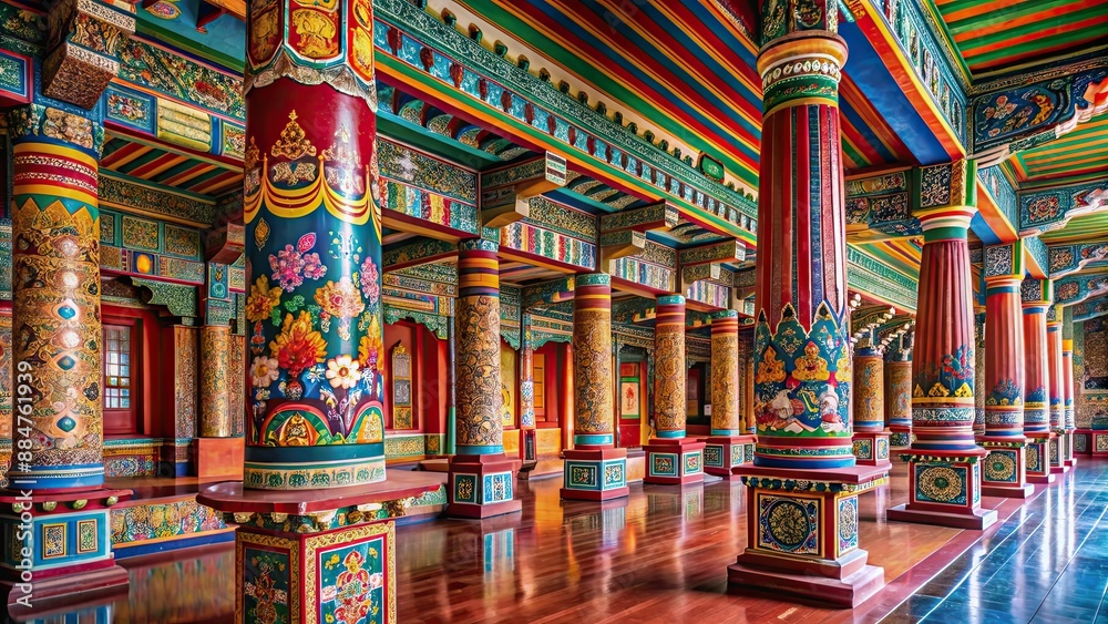 Obraz premium Buddhist monastery with intricately carved columns and colorful frescoes, Buddhist, monastery