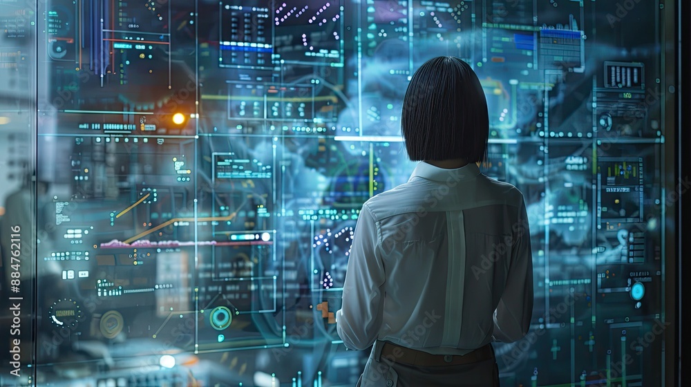 A young Asian woman stands near a screen with information collected by artificial intelligence. A young Asian woman stands near a screen with information collected by artificial intelligence.