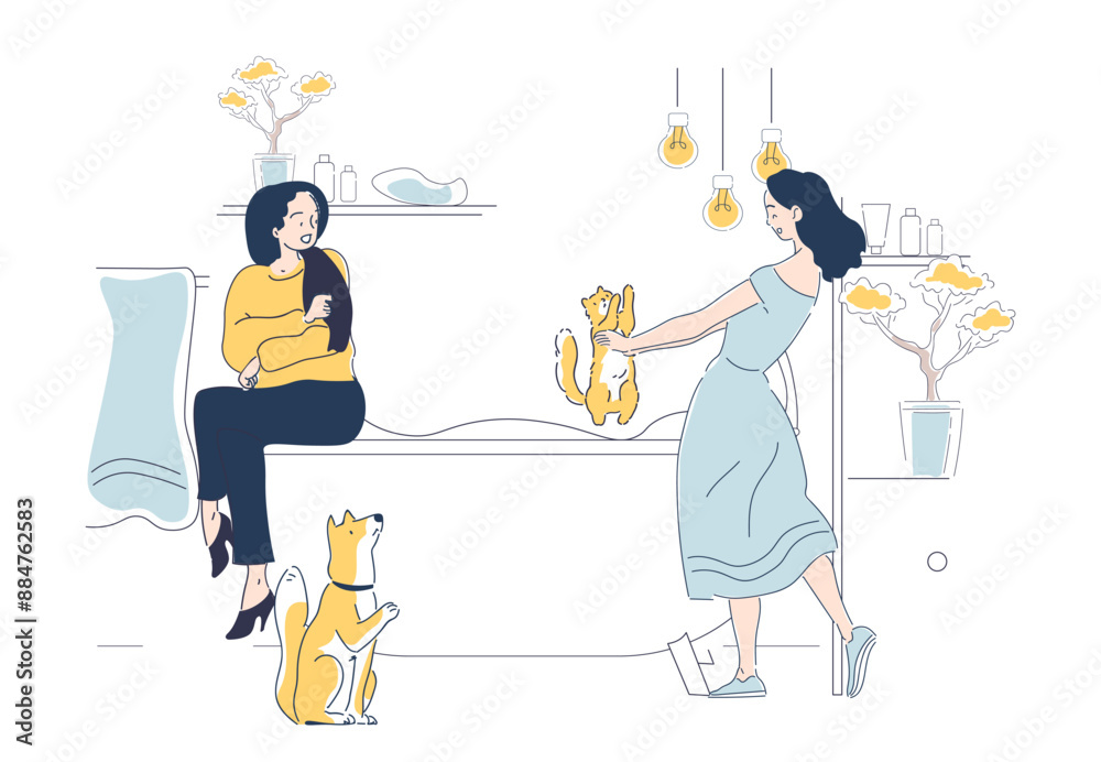 Fototapeta premium Women washing pets. Young girls bathe cat in bathroom. Cleanliness and hygiene. Owners care about kitte. Grooming of domestic animals. Linear vector illustration isolated on white background