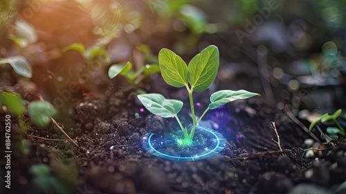 The sprout of a young plant grows under the supervision of artificial intelligence.