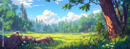 Panoramic landscape of the summer forest. Cartoon illustration.