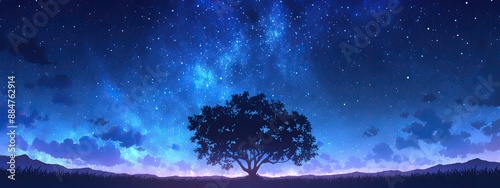 The landscape of the night starry sky. Cartoon illustration.