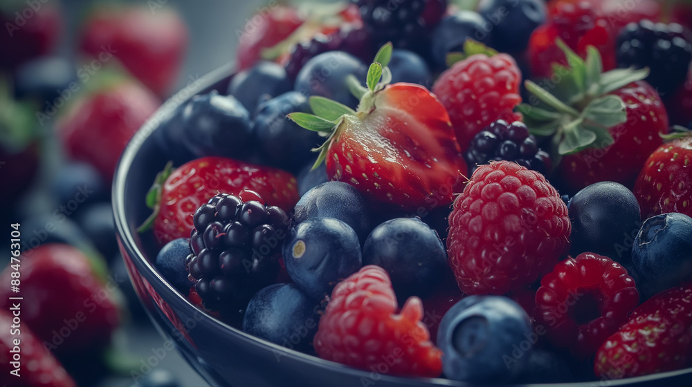A bowl overflowing with fresh berries like strawberries, raspberries, blueberries, and blackberries, highlighting their juicy textures A bowl overflowing with fresh berries like strawberries, raspberries, blueberries, and blackberries, highlighting their juicy textures