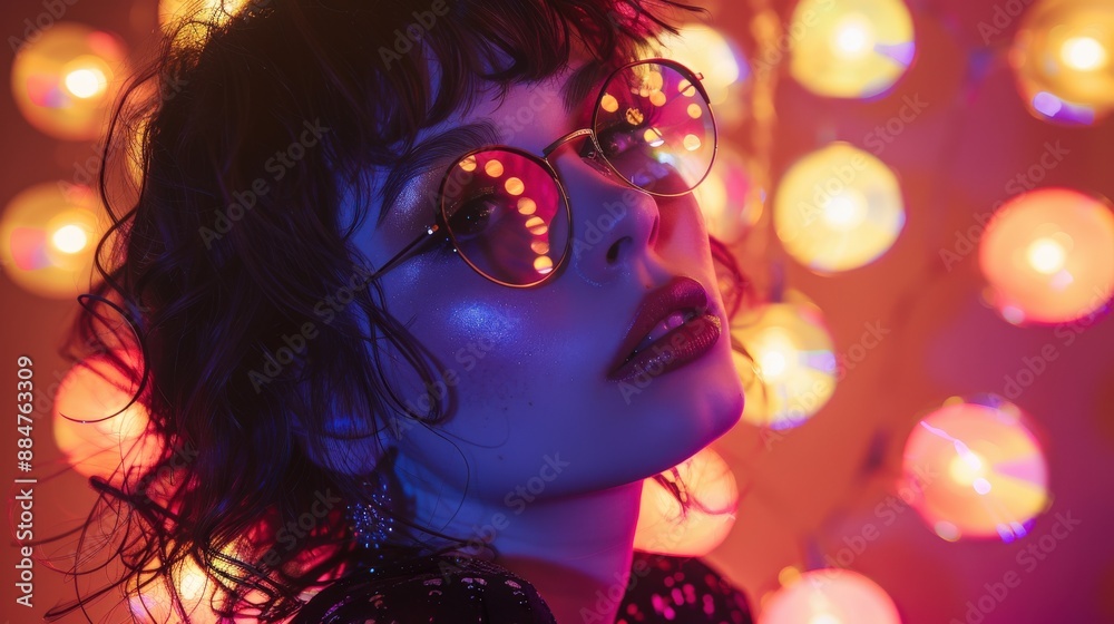 Obraz premium A stylish beauty blogger teaching eyeliner styles with a psychedelic digital backdrop