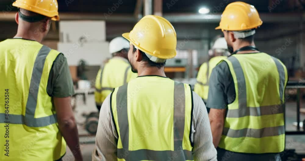 Walking, engineering and teamwork of people in warehouse with wood, lumber or material production. Back of group and supervisor in factory with safety gear for inspection, manufacturing and progress Walking, engineering and teamwork of people in warehouse with wood, lumber or material production. Back of group and supervisor in factory with safety gear for inspection, manufacturing and progress