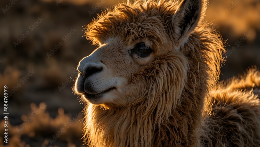 Obraz premium The intricate patterns of a llama's wool under the golden light of sunset ai_generated