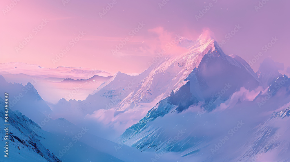 A photograph of a snow-capped mountain range at dusk, pastel pink and purple sky, majestic peaks, serene and tranquil atmosphere A photograph of a snow-capped mountain range at dusk, pastel pink and purple sky, majestic peaks, serene and tranquil atmosphere