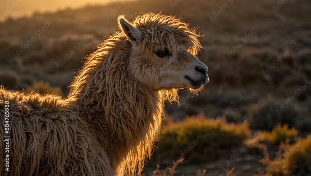 Obraz premium The intricate patterns of a llama's wool under the golden light of sunset ai_generated