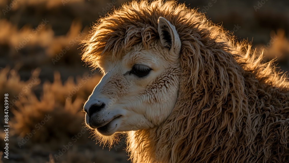 Obraz premium The intricate patterns of a llama's wool under the golden light of sunset ai_generated