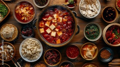 A traditional Chinese hot pot with a variety of dipping sauces and tofu options.