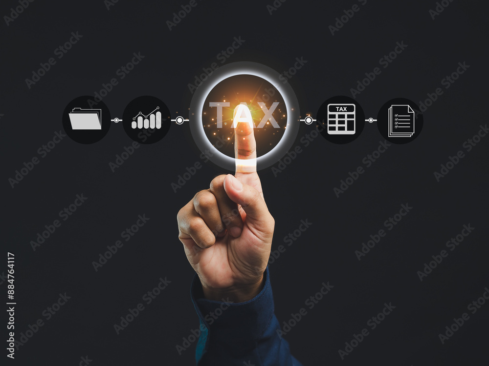 Hand touching digital tax icons - financial management technology concept. Hand touching digital tax icons - financial management technology concept.