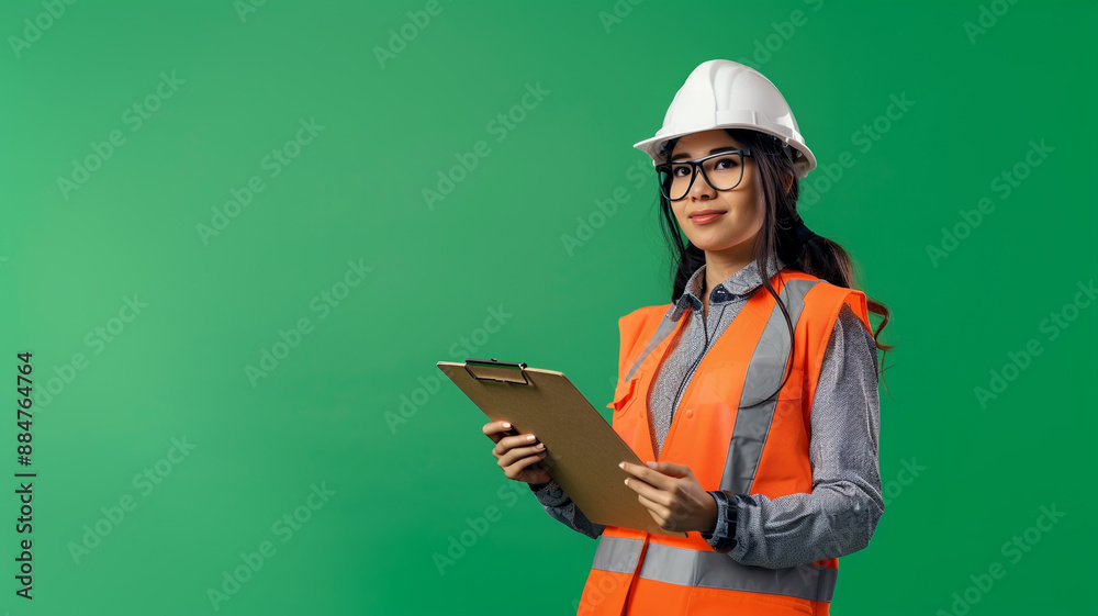 Female industrial engineer in a safety vest holding a clipboard on a green background Female industrial engineer in a safety vest holding a clipboard on a green background