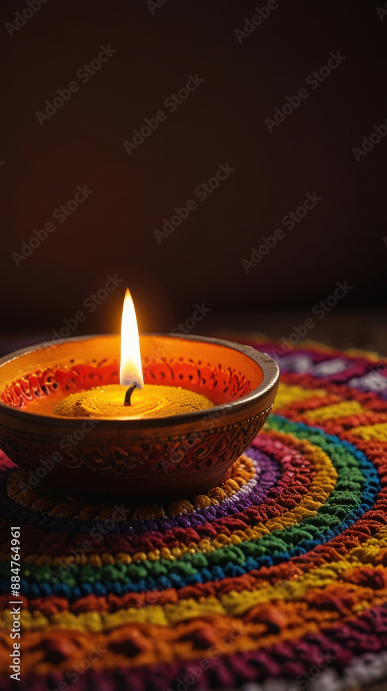 Close-up of a diya lamp with a flickering flame on rangoli pattern Close-up of a diya lamp with a flickering flame on rangoli pattern