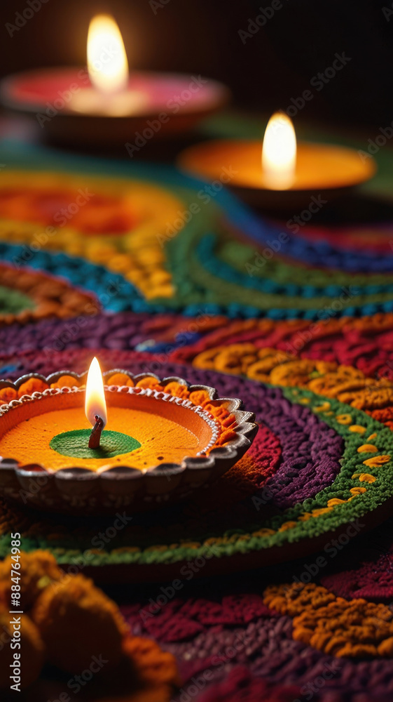 Close-up of a diya lamp with a flickering flame on rangoli pattern Close-up of a diya lamp with a flickering flame on rangoli pattern