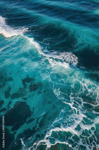 Top view vertical photo of blue turquoise water texture of the ocean sea with white foam and waves background wallpaper