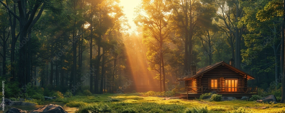 Fototapeta premium Wooden cabin in a sunlit forest with glowing rays of sunrise. Serene, peaceful morning in nature. Cozy retreat surrounded by trees.