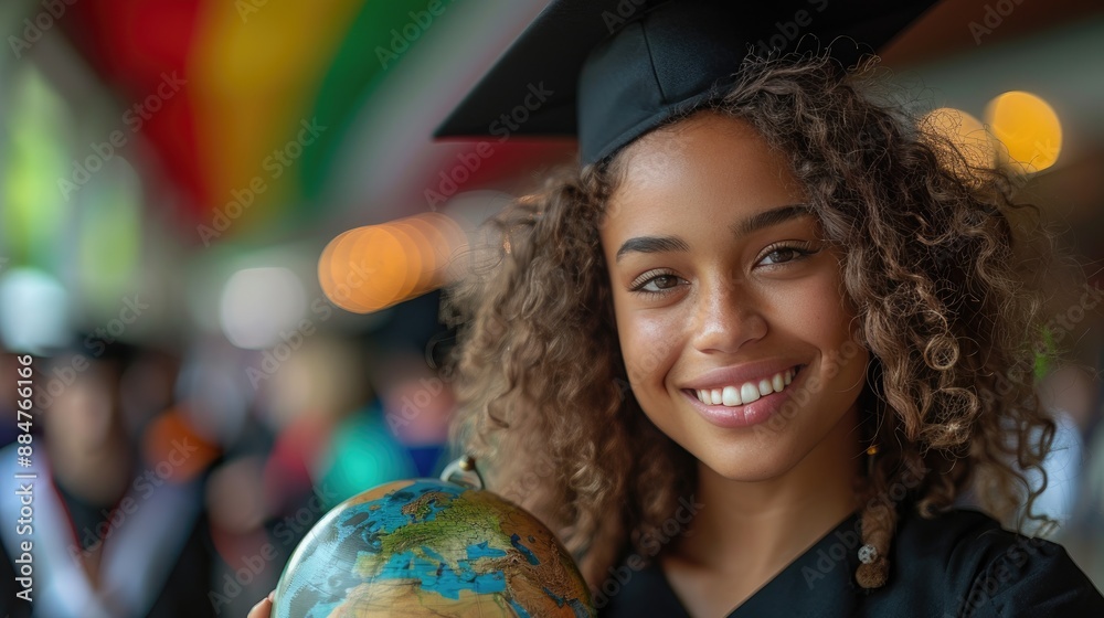 Naklejka premium Happy graduate student holding a globe, celebrating graduation ceremony with a bright smile and a background of colorful banners.