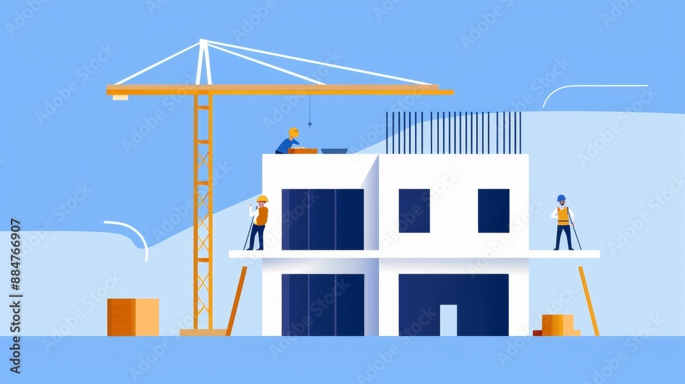 Construction site of a sustainable building, workers using natural materials and eco-friendly resources, emphasizing environmental consciousness, flat design illustration Construction site of a sustainable building, workers using natural materials and eco-friendly resources, emphasizing environmental consciousness, flat design illustration