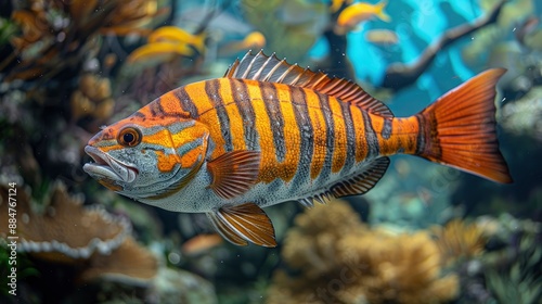 Finescale tigerfish in an aquarium, captured up close, highlighting its unique and striking appearance photo