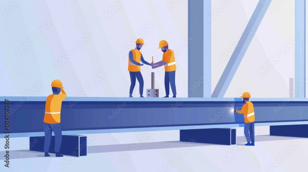 Detailed view of fabricating steel beams, workers welding and assembling components, highlighting the intricate process of creating a strong structure, flat design illustration Detailed view of fabricating steel beams, workers welding and assembling components, highlighting the intricate process of creating a strong structure, flat design illustration